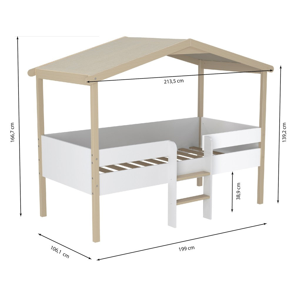 Lit Cabane PILOTI 90x190 - Blanc et Bois Clair + Sommier Inclus