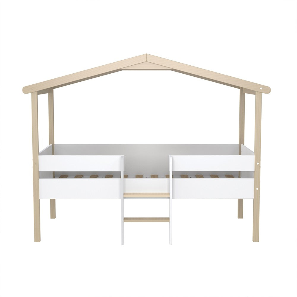 Lit Cabane PILOTI 90x190 - Blanc et Bois Clair + Sommier Inclus