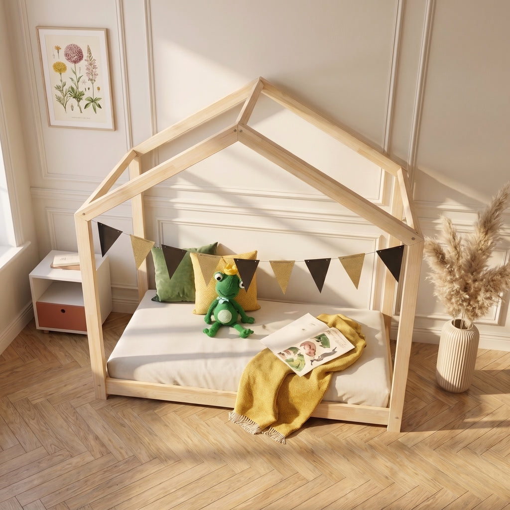 Lit cabane SOREN vu de côté, couchage ouvert sur tous les côtés