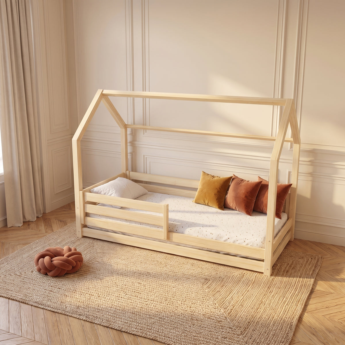 Lit cabane TIAGO installé dans une chambre d'enfant décorée