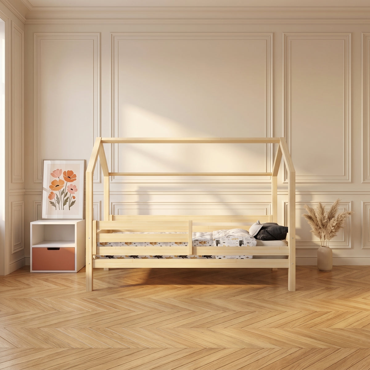 Lit cabane enfant TIAGO – Bois massif avec sommier à lattes
