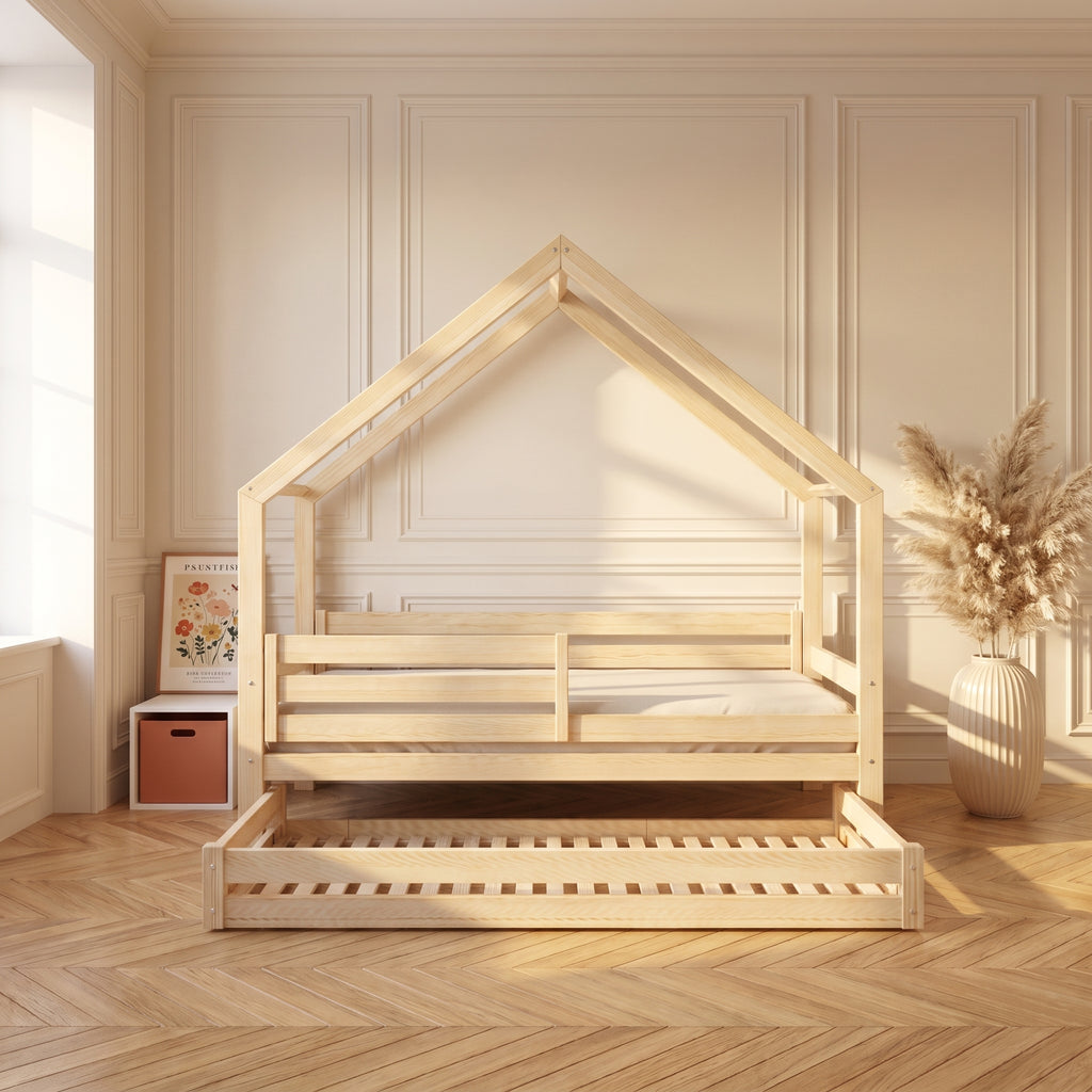 Lit cabane ZOE avec gigogne 90x190 cm en pin massif certifié FSC