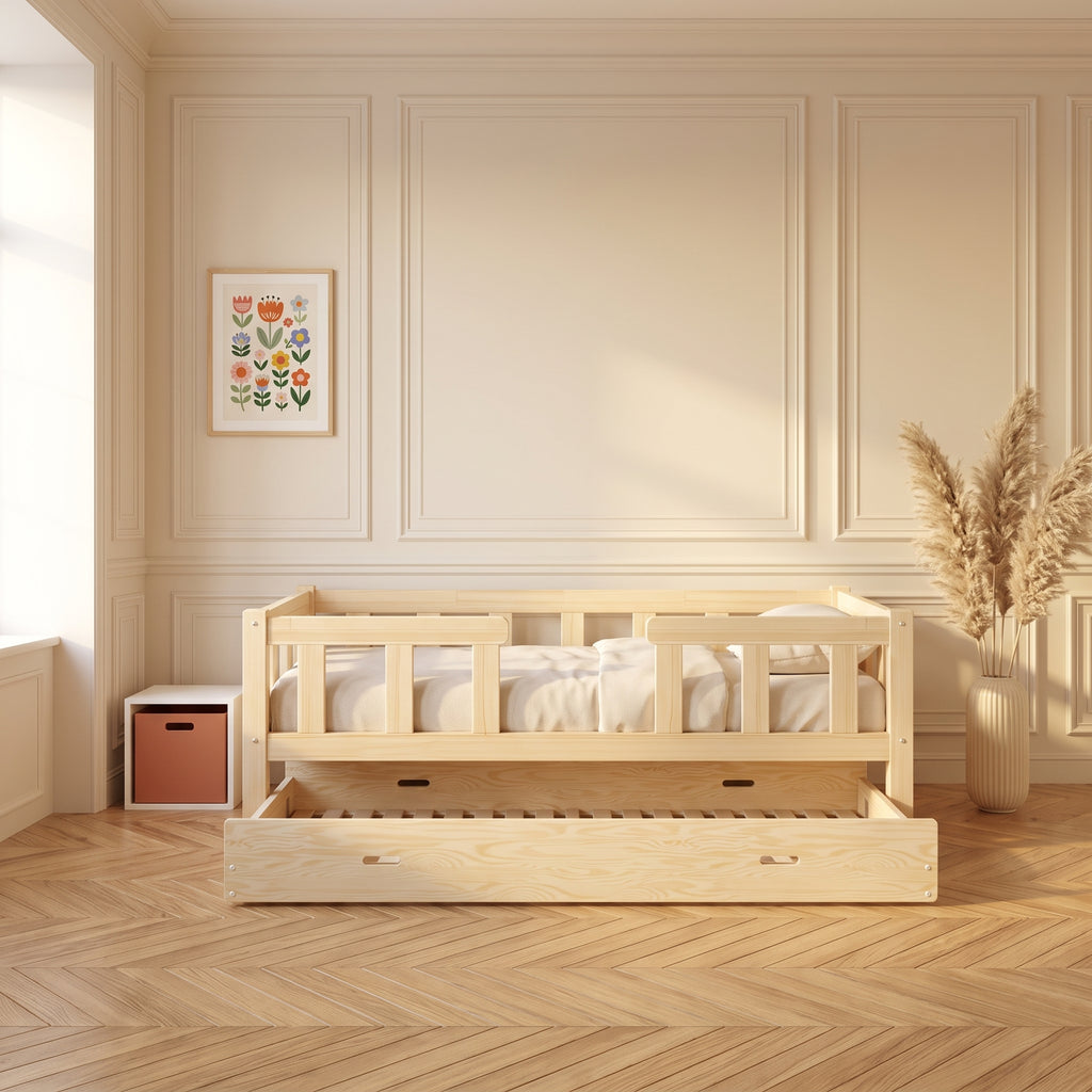 Lit enfant MALO avec lit gigogne et barrières ajourées en pin massif