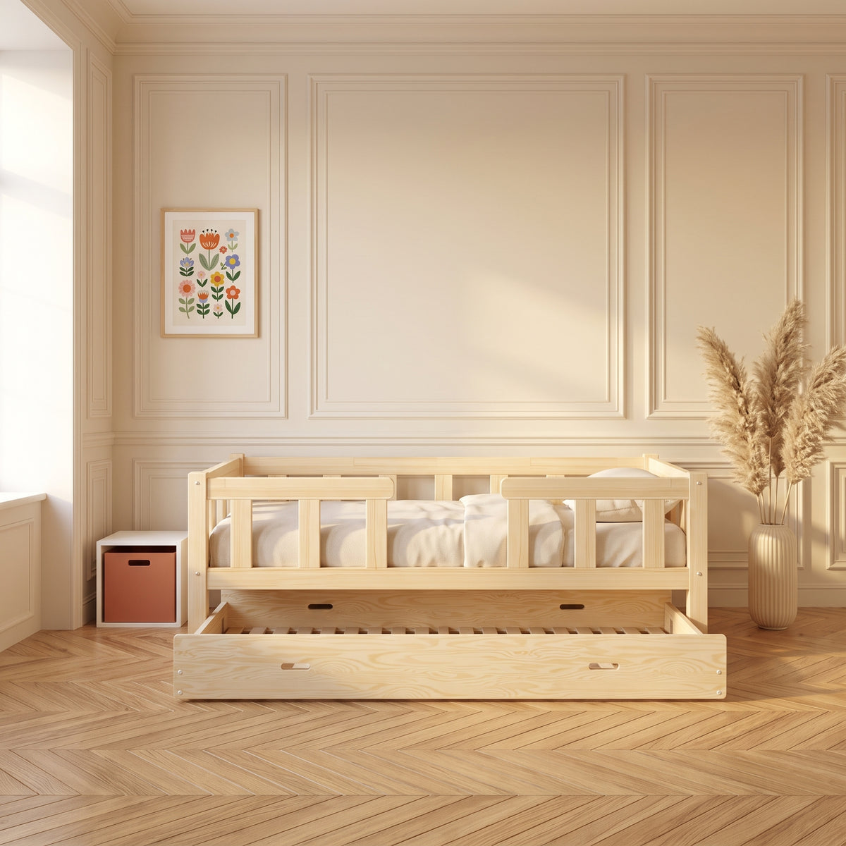 Lit enfant MALO avec lit gigogne et barrières ajourées en pin massif