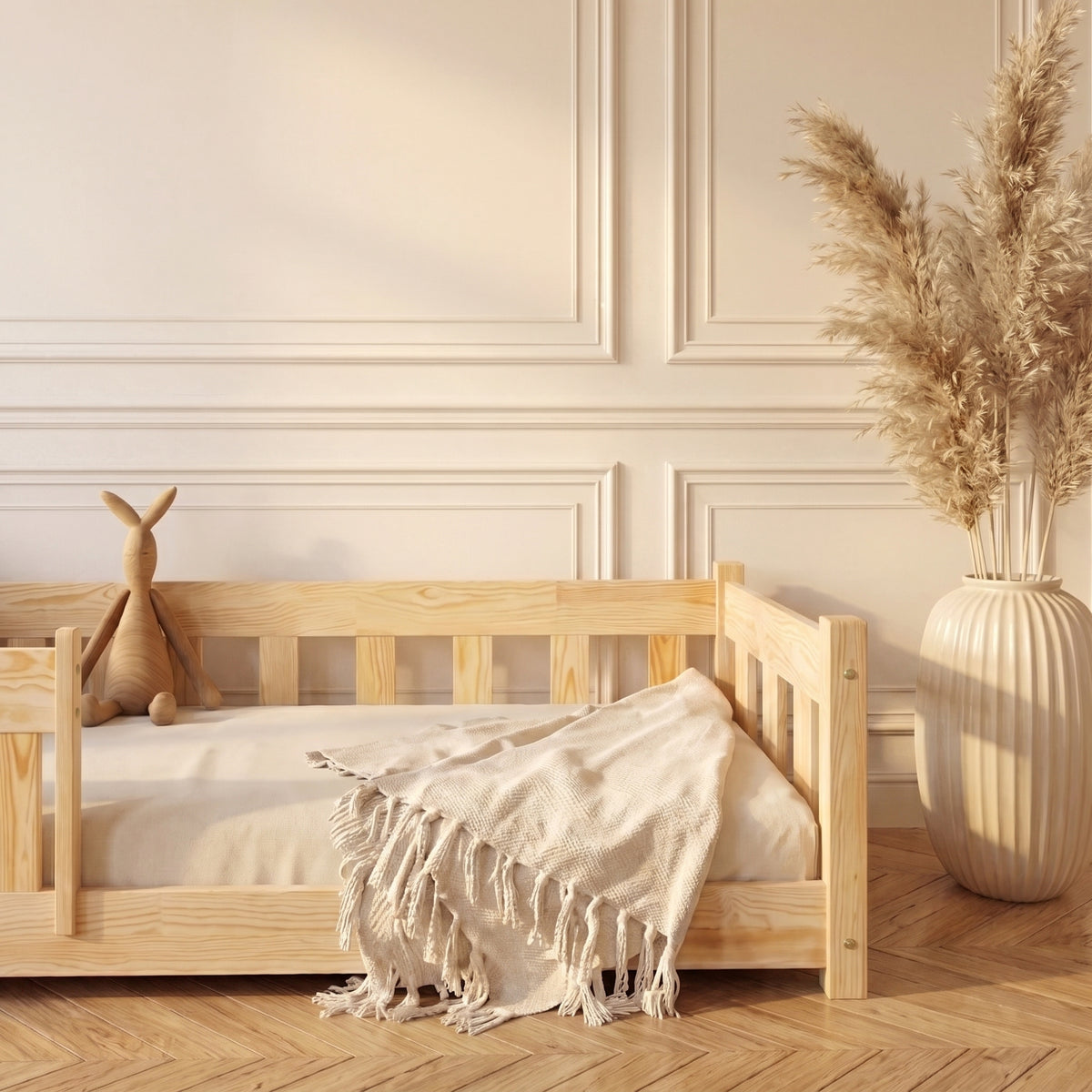 Lit MARIN vu de côté, profil bas adapté aux chambres sous pente