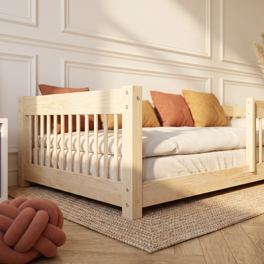 Lit Montessori MILA vu de côté, couchage bas sans toit
