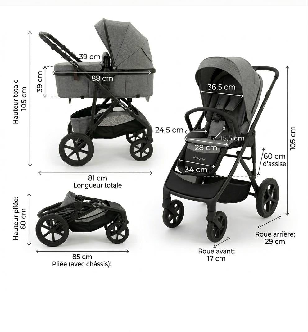 Poussette Trio 3 en 1 Monoora Manta - Pack Complet avec Nacelle & Cosse - Tout Terrain & Légère (9,5kg)